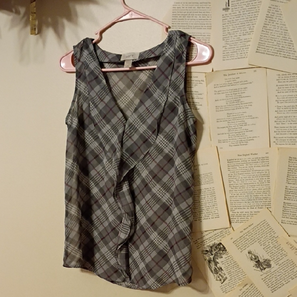 LOFT Plaid Ruffle Sheer Sleeveless Blouse